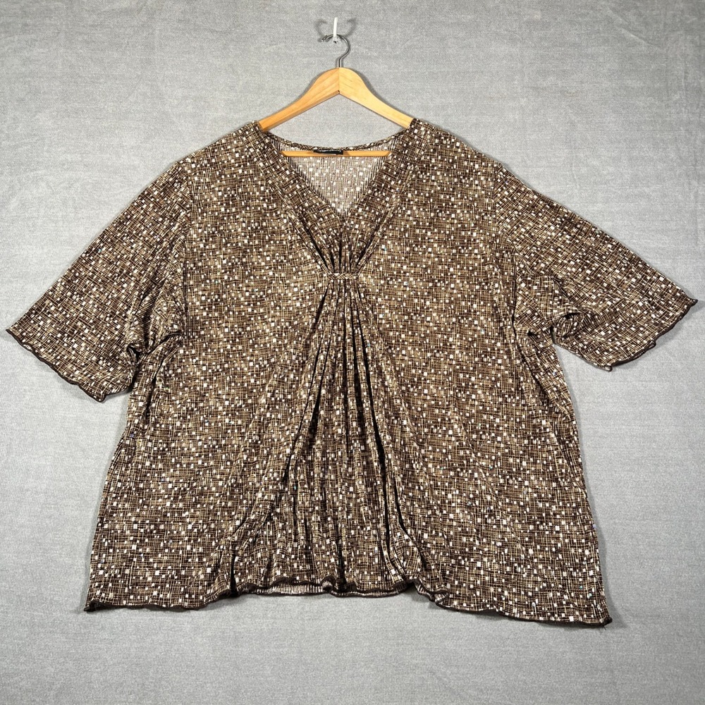 Maggie Barnes Pleated V-Neck Sequin Blouse Women 26/28 Brown Printed Top